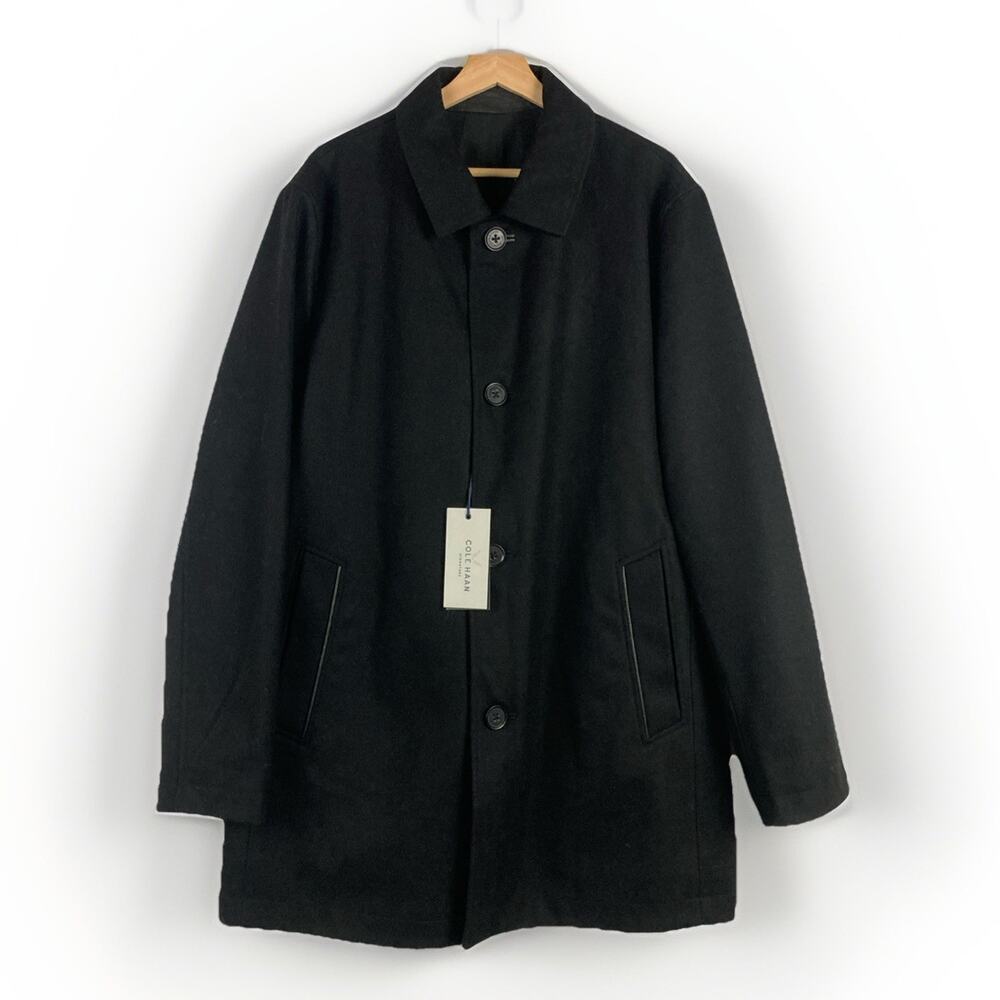 NWT Cole Haan Reversible To Rain Coat Wool Overcoat Black L